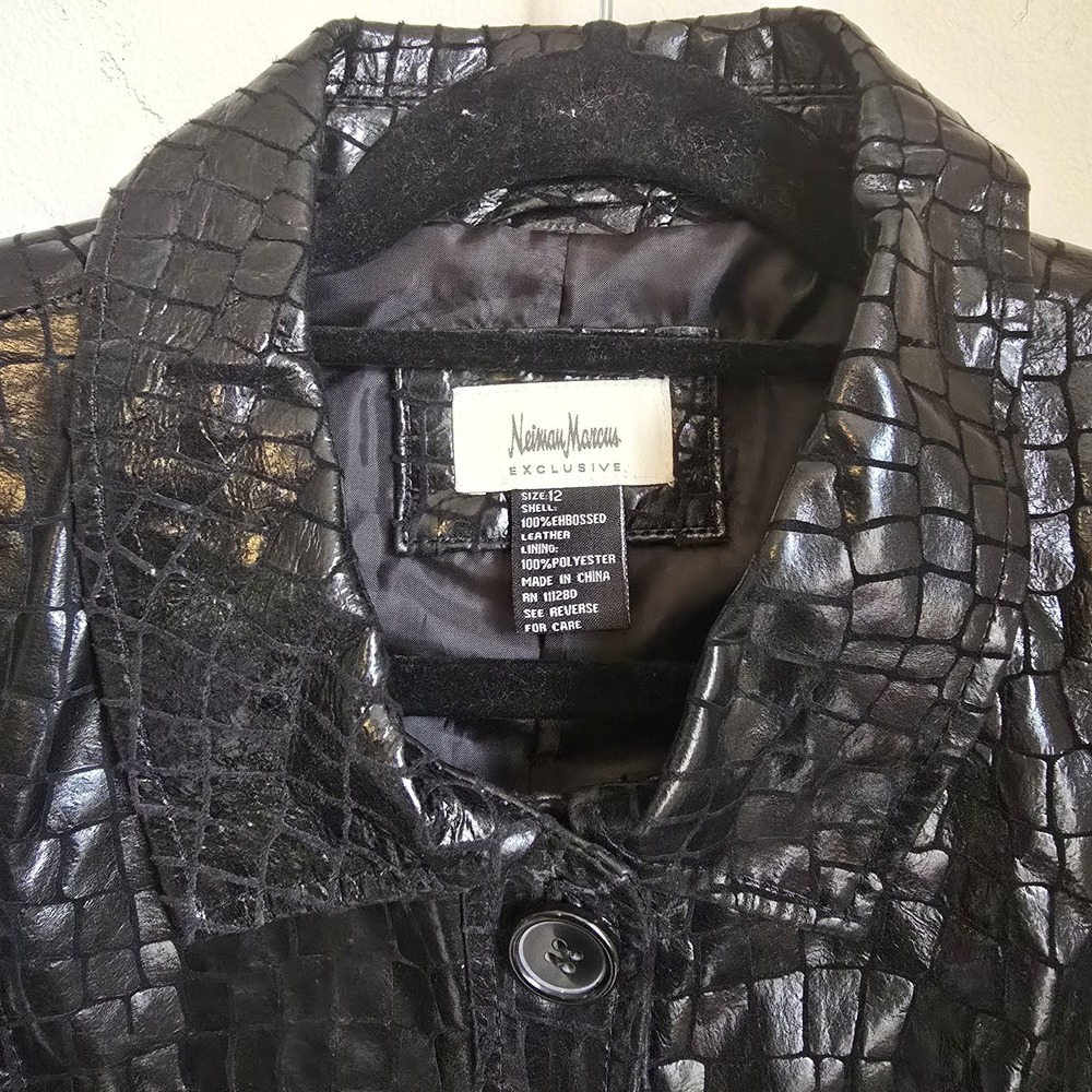 Vintage Neimam Marcus Y2K Faux Alligator Black Leather Jacket Size 12 - Picture 4 of 16